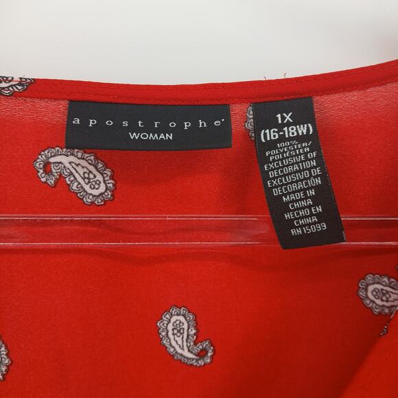 Apostrophe Red Paisley Print 3/4 Sleeve Sheer Sequin Oversize Blouse Womens 1X - Picture 4 of 9